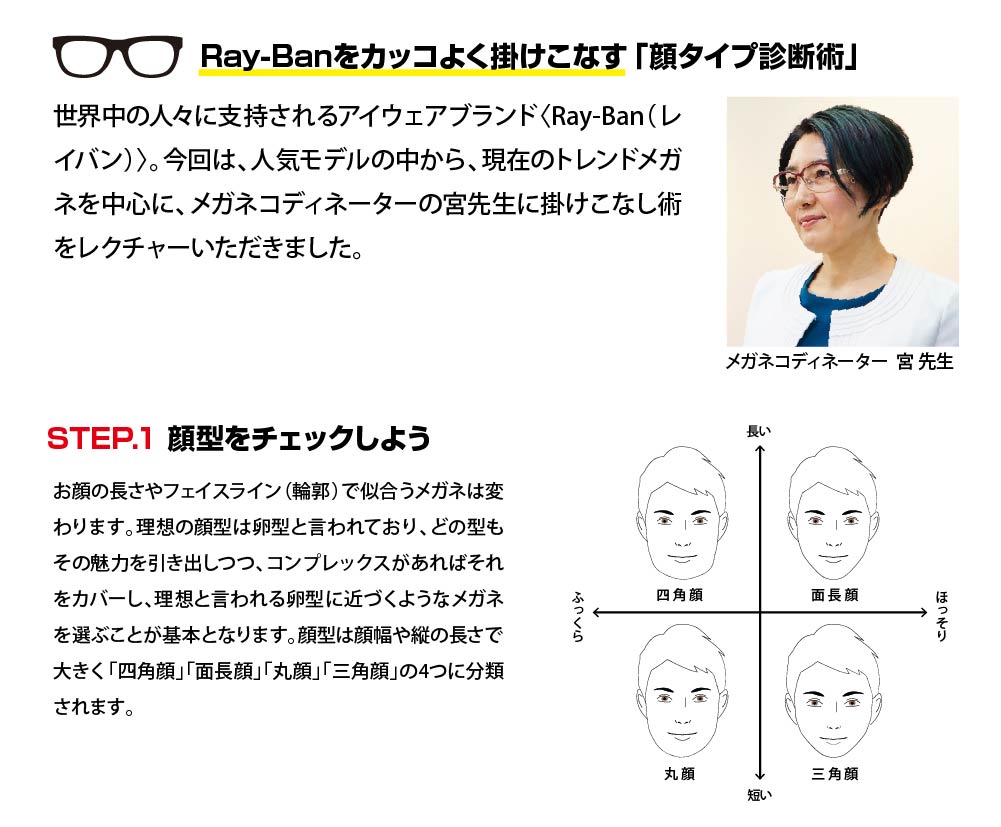 世界の人々に支持されるアイウェアブランド。レイバン
今回あ、人気モデルの中から、現在のトレンドメガネを中心に、メガネコーディネーターの宮先生に掛けこなし術をレクチャーいただきました。
顔型をチェックしよう
お顔の長さやフェイスライン(輪郭)で似合うメガネは変わります。理想の顔型は卵型と言われており、どの型もその魅力を引き出しつつ、コンプレックスがあればそれをカバーし、理想と言われる卵型に近づくようなメガネを選ぶことが基本となります。顔型は顔幅や縦の長さで大きく四角顔、面長顔、丸顔、三角顔の4つの分類されます。