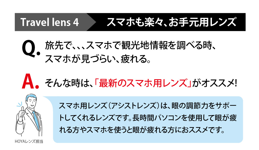 Travellens4 スマホも楽々、お手元用レンズ

Q旅先で、、、スマホで観光地情報を調べる時、スマホが見づらい、疲れる。
A、そんな時は「最新のスマホ用レンズ」がおススメ！
スマホ用レンズ（アシストレンズ）は目の調節力をサポートしてくれるレンズです。
長時間パソコンを使用して眼が使えれる方やスマホを使うと眼が疲れる方におススメです。