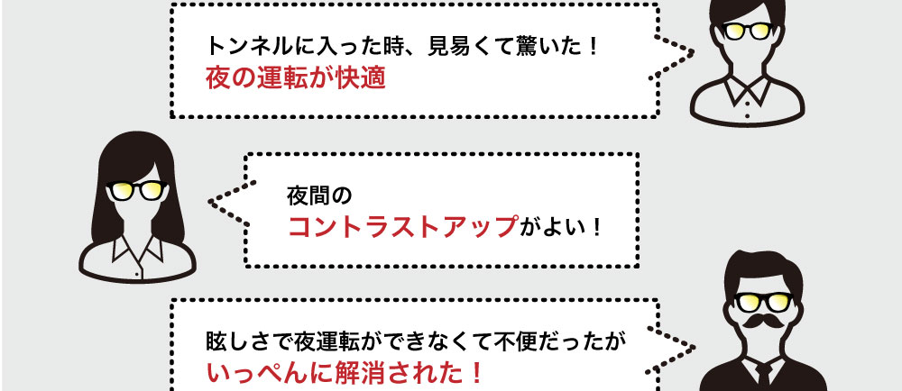 トンネルに入った時、見易くて驚いた！夜の運転が快適

夜間のコントラストアップがよい！

眩しさで夜運転ができなくて不便だったがいっぺんに解消された！