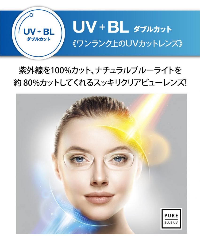 UV＋BLダブルカット
ワンランク上のUVカットレンズ
ピュアブルーUV
紫外線100％カット
ナチュラルブルーライトを80％カット
