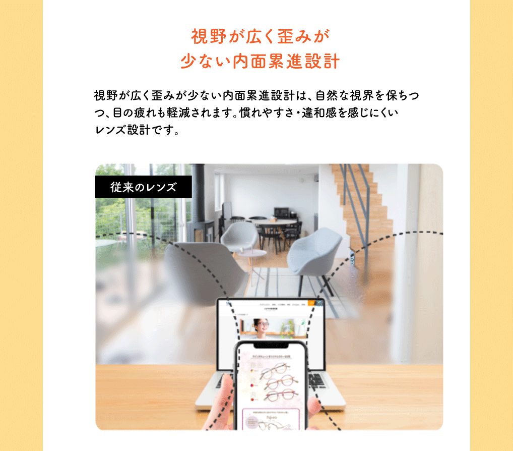 視野が広く歪みが少ない内面累進設計

視野が広く歪みが少ない内面累進設計は、自然な視界を保ちつつ、目の疲れも軽減されます。
慣れやすさ・違和感を感じにくいレンズ設計です。