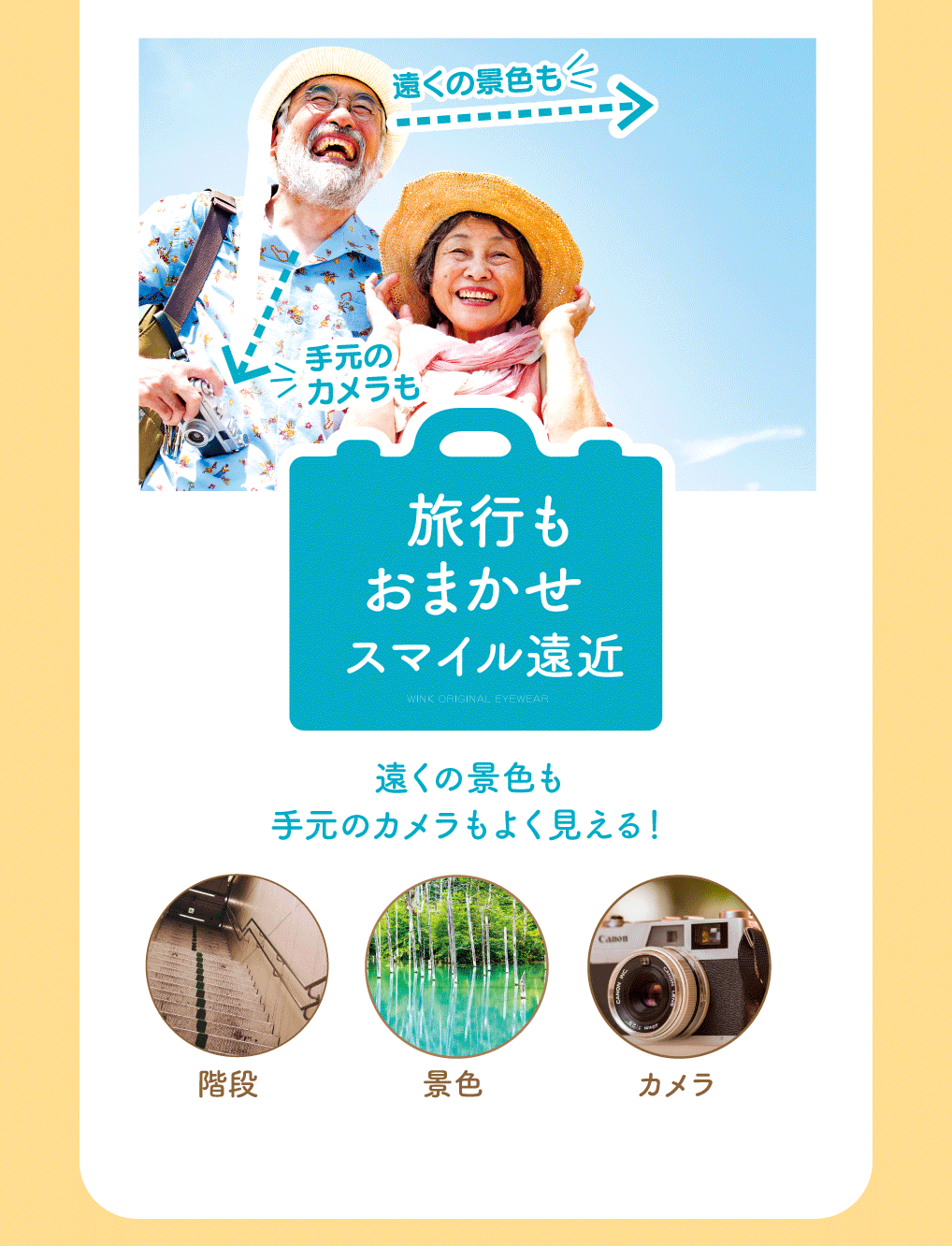 旅行もおまかせスマイル遠近

遠くの景色も手元のカメラもよく見える！

・階段
・景色
・カメラ