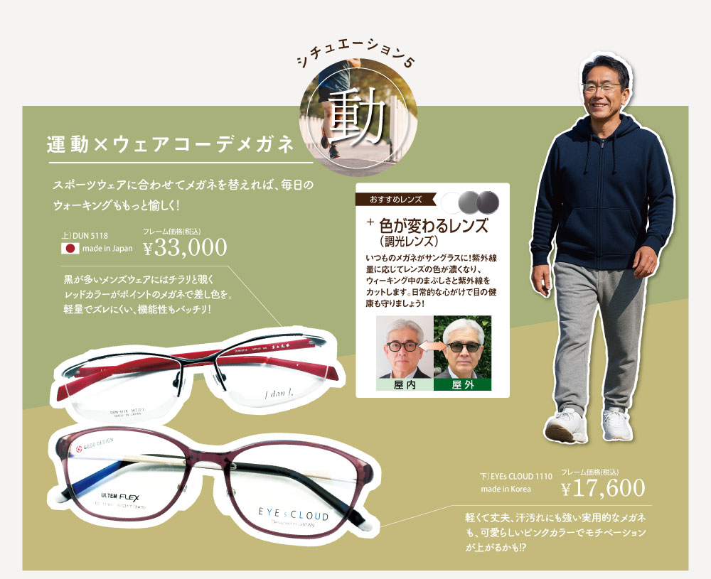 シチュエーション5. 「動」
運動×ウェアコーデ

スポーツウェアに合わせてメガネを替えれば、毎日のウォーキングももっと愉しく！

■デュアン　5118-C4
フレーム価格 ￥33,000（税込）
made in Japan

黒が多いメンズウェアにはチラリと覗くレッドカラーがポイントのメガネで差し色を。
軽量でズレにくい、機能性もバッチリ！

■アイクラウド　1110-C1
フレーム価格 ￥17,600（税込）
made in Korea

軽くて丈夫、汗汚れにも強い実用的なメガネも、可愛らしいピンクカラーでモチベーションが上がるかも!?

◆おすすめレンズ

色が変わるレンズ（調光レンズ）

いつものメガネがサングラスに！紫外線量に応じてレンズの色が濃くなり、ウィーキング中のまぶしさと紫外線をカットします。
日常的な心がけで目の健康も守りましょう！

